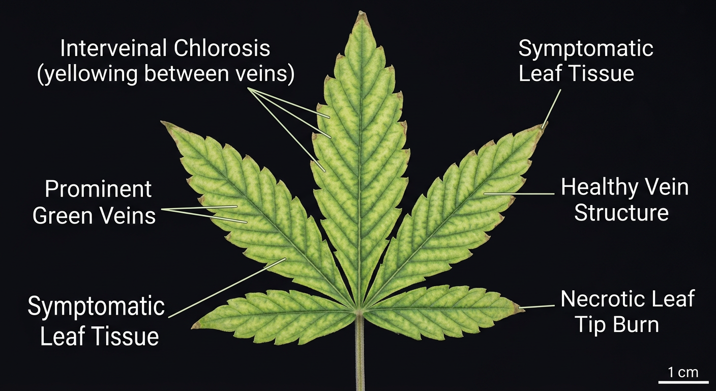 Interveinal chlorosis on cannabis — a classic sign of pH-related nutrient lockout despite feeding correctly.