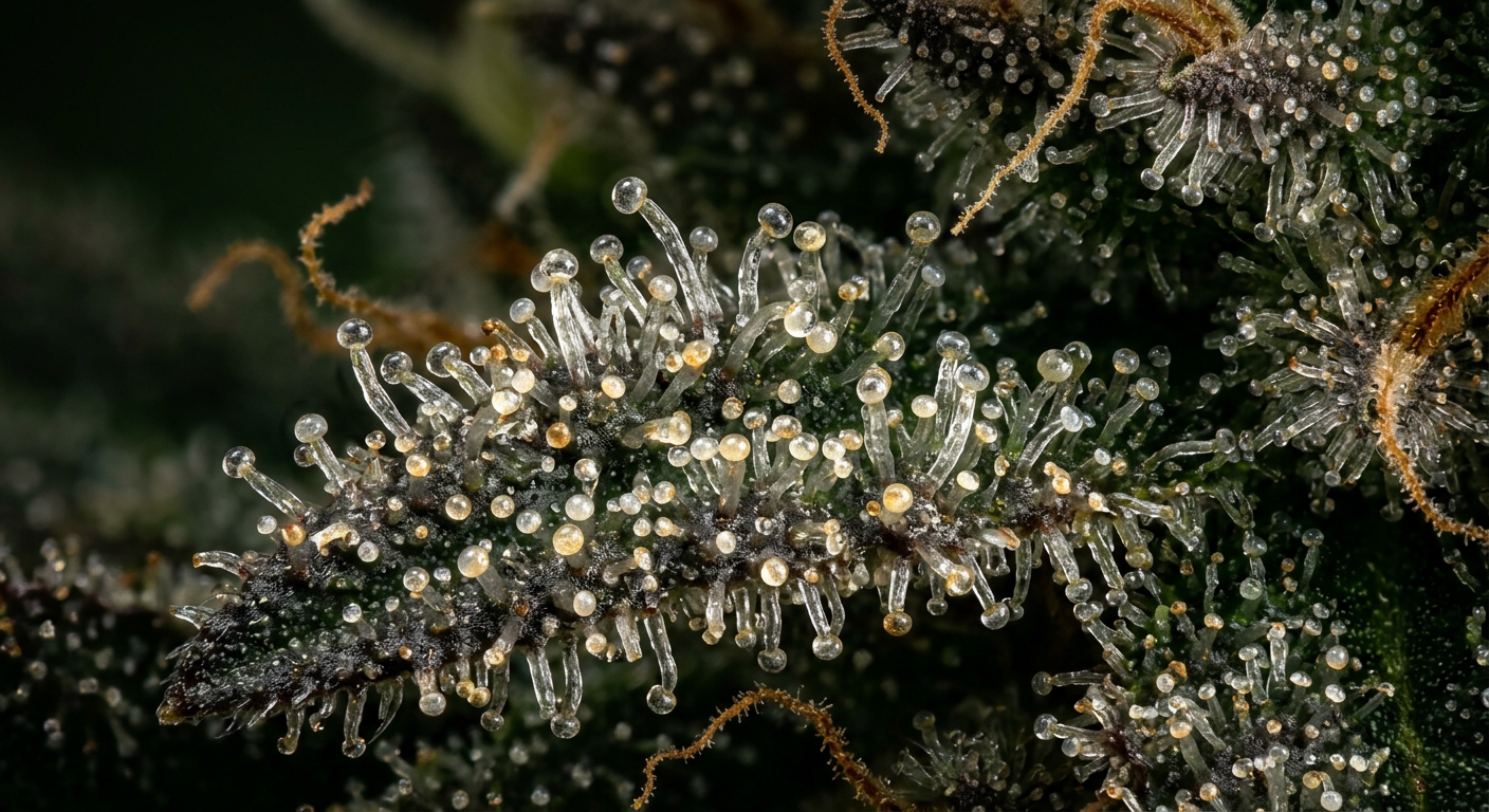 Capitate-stalked trichomes on a flowering cannabis bud — the primary sites of THC and terpene biosynthesis.