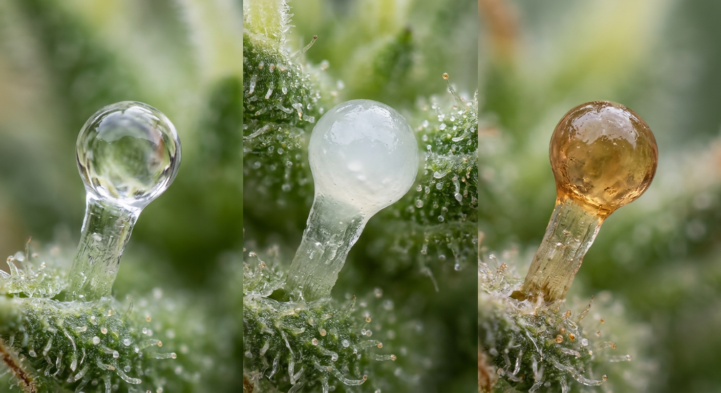 
The three-stage trichome color progression: clear (immature), cloudy (peak THCA), and amber (THC converting to CBN).