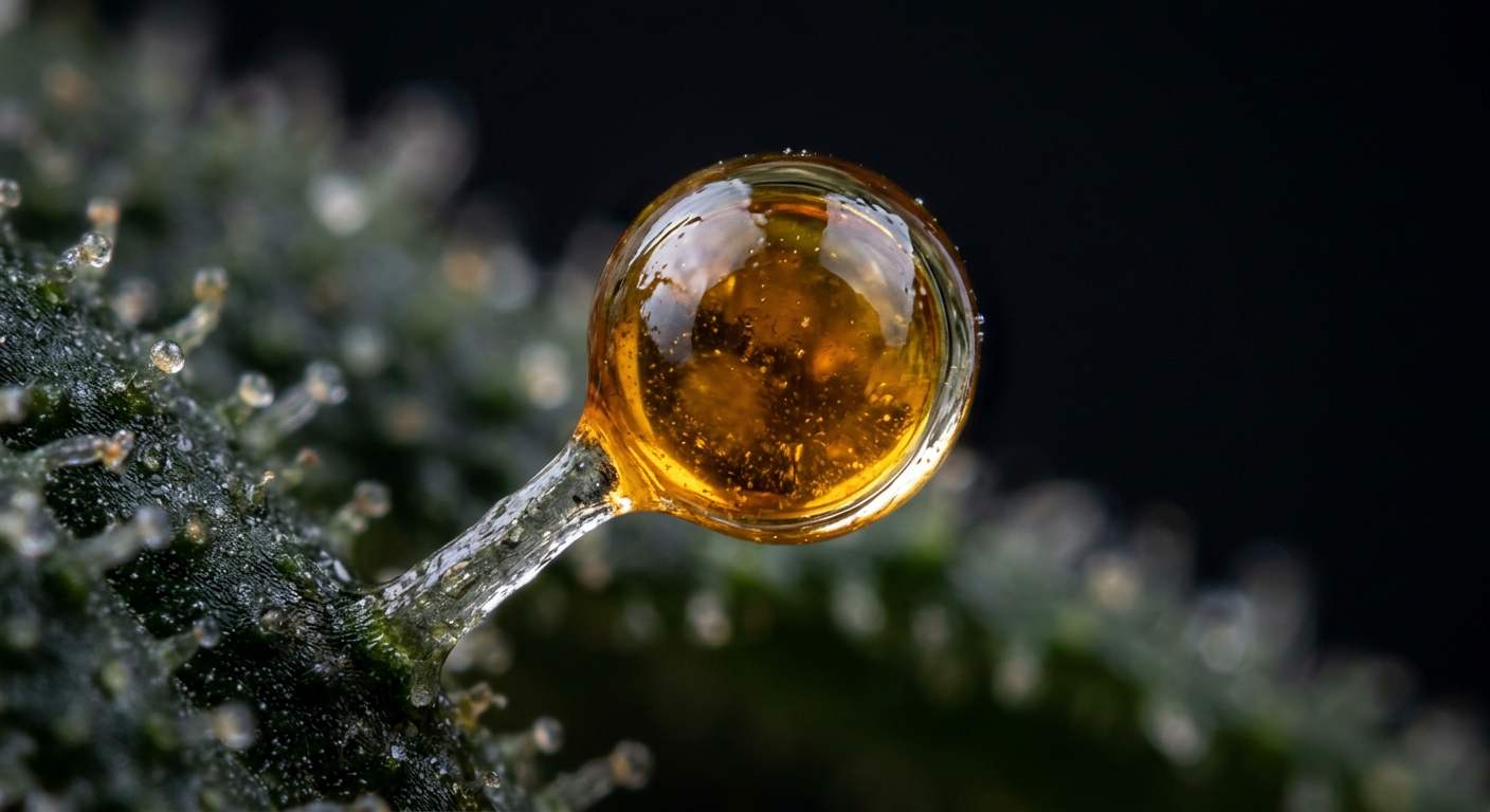 A ripe trichome head — the factory where cannabinoids and terpenes are synthesized together before harvest.
