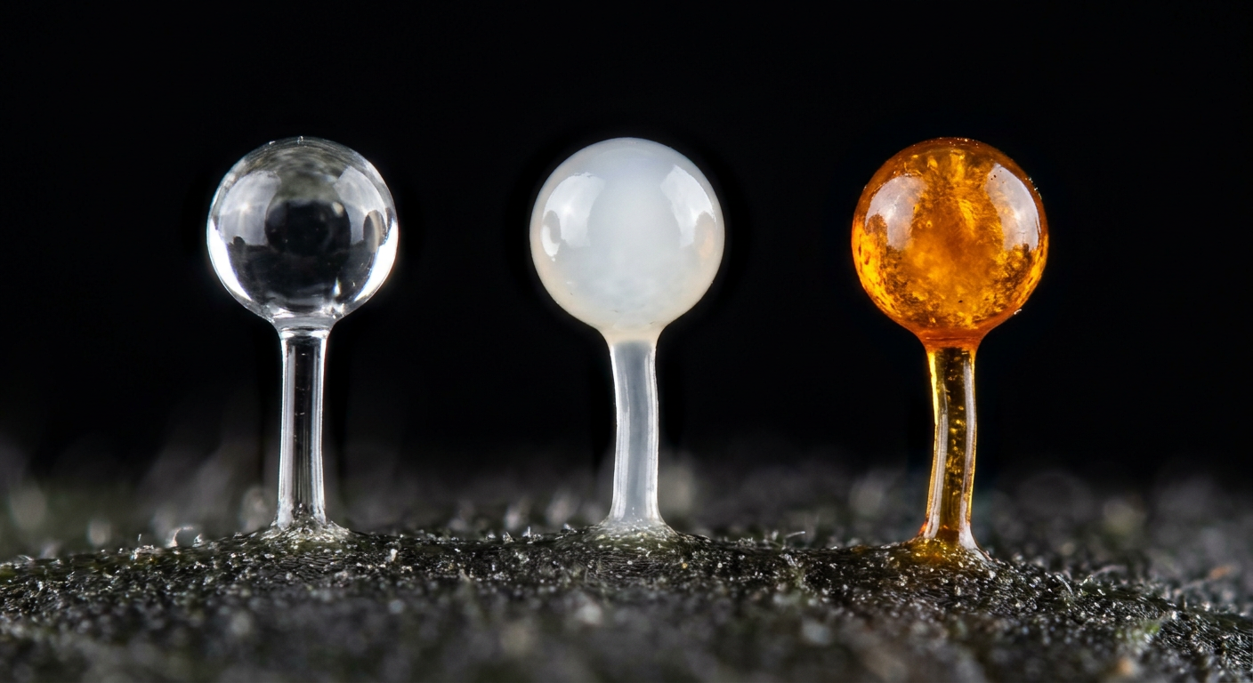 Trichome stages from left: clear (too early), milky white (peak THC), amber (THC degrading to CBN)