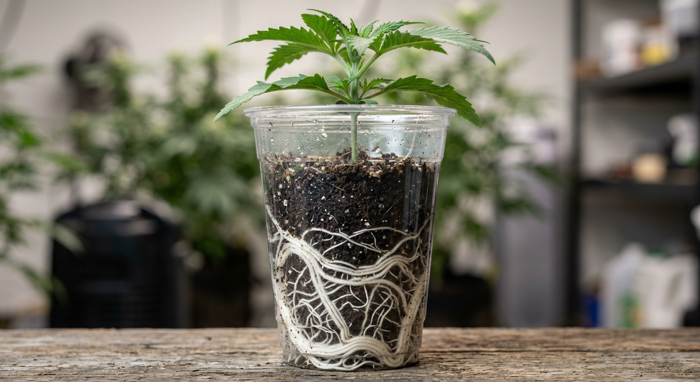 Cannabis roots circling the base of a solo cup — the clearest transplant signal.