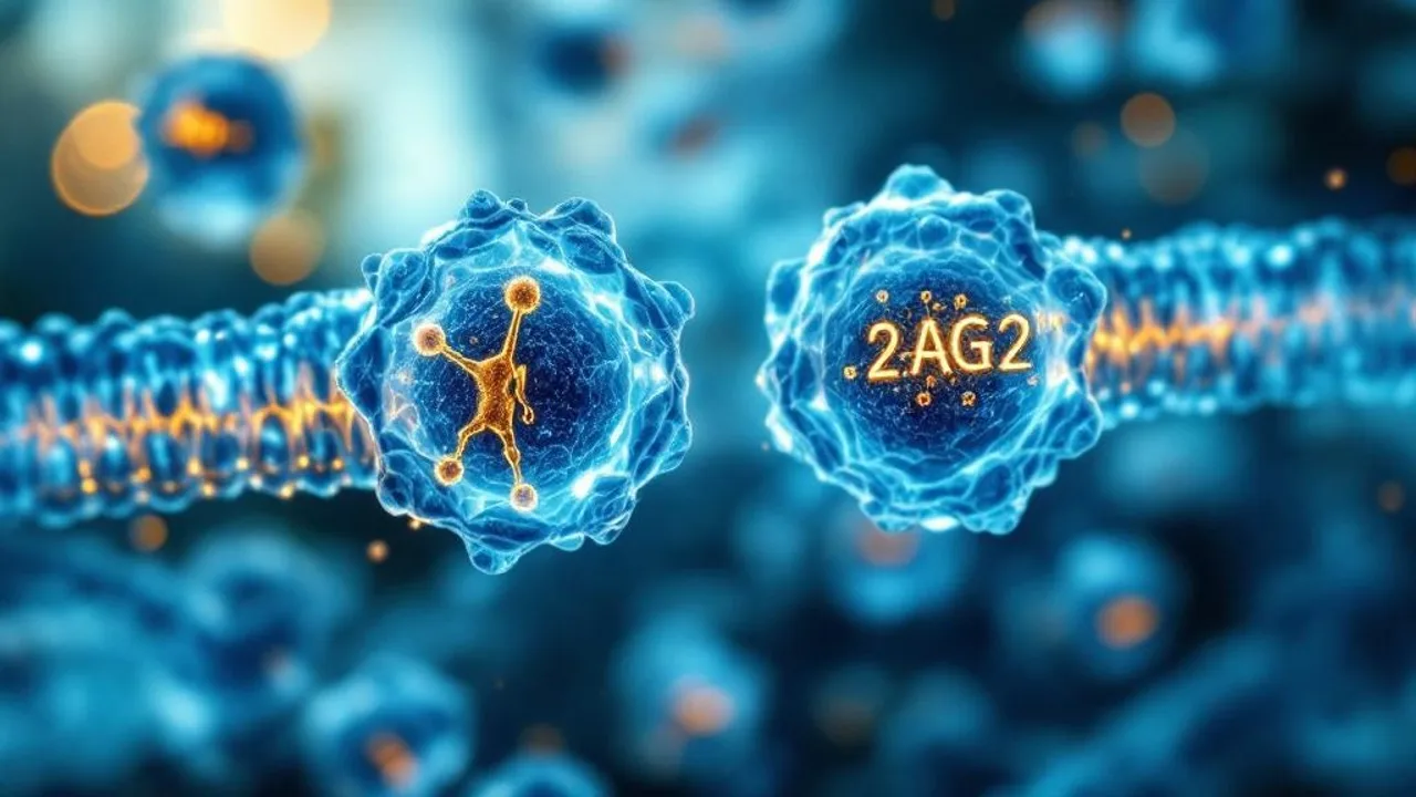Molecular diagram of CB1 and CB2 receptors in cell membrane with 2-AG ligand binding, illustrated in translucent blue and gold.