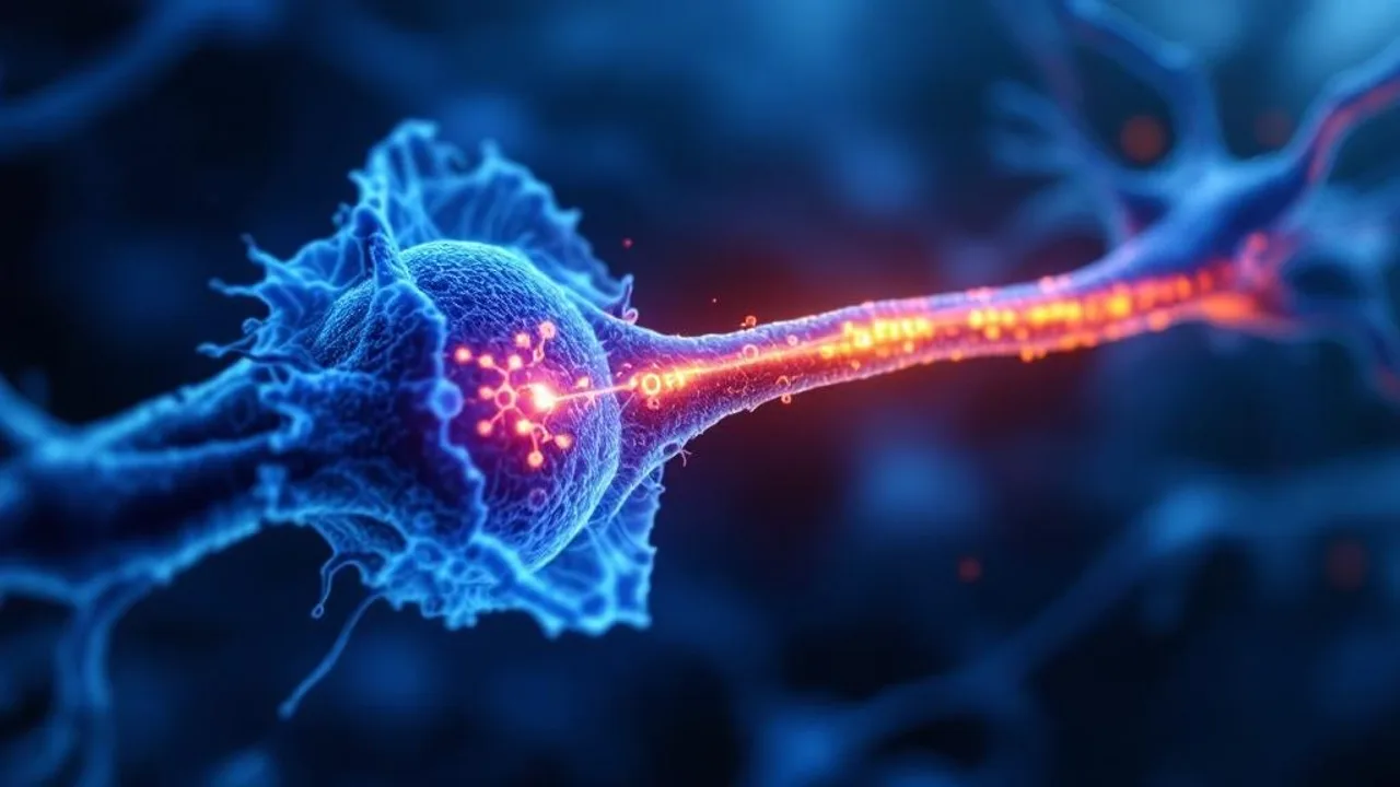 Glowing 2-AG molecules travel backward across a neural synapse in this dark blue scientific illustration of retrograde signaling.