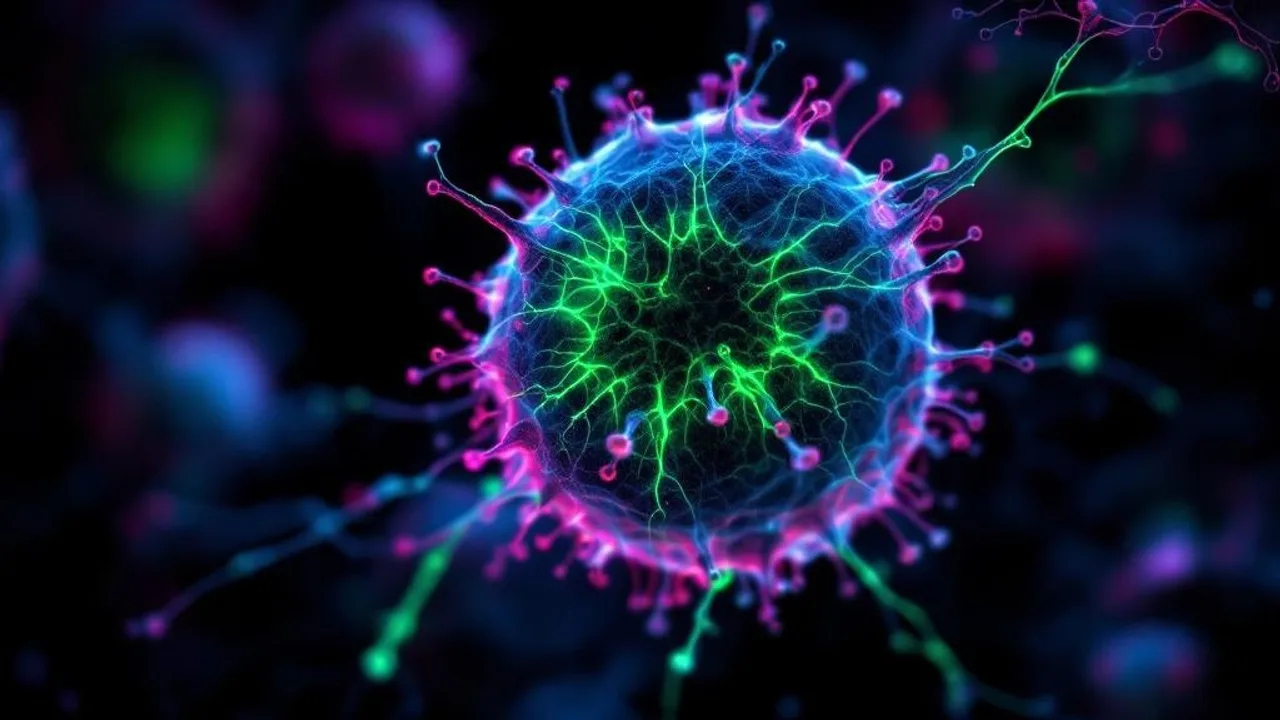 Fluorescent microscopy showing a green-stained macrophage cell with bright actin cytoskeleton structures on black background.