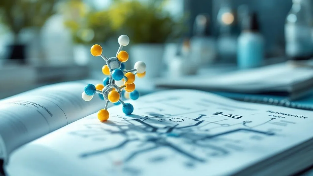 Molecular model of 2-AG beside open neuroscience textbook showing brain reward circuits in bright laboratory setting.