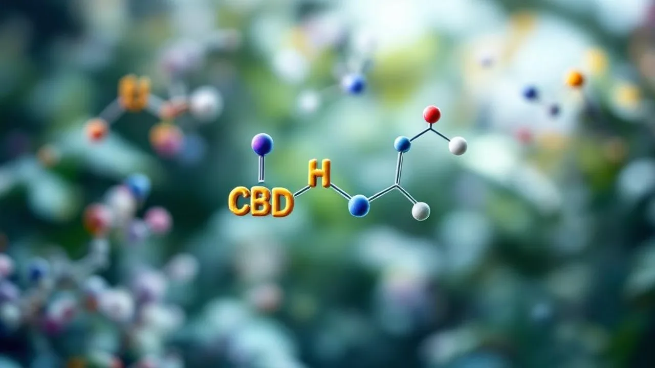 CBD molecule blocking MAGL enzyme while 2-AG molecules remain intact on white scientific background.