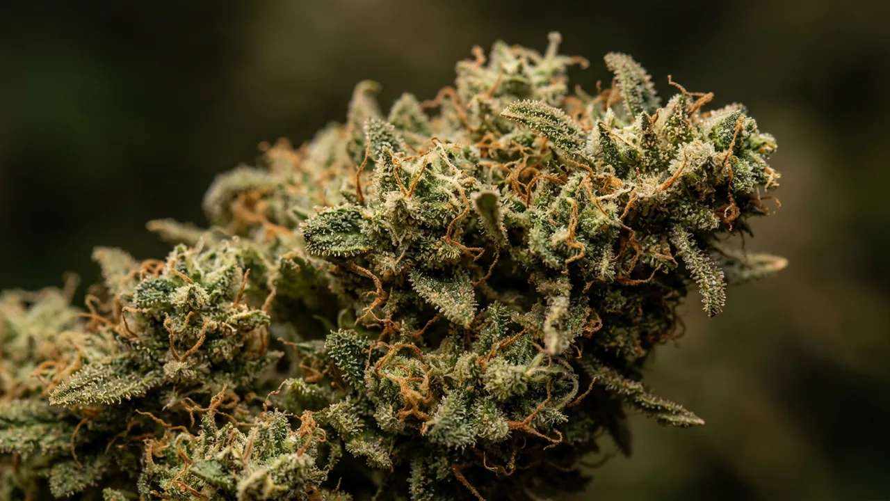 Close-up macro photo of high-CBD cannabis buds displaying crystalline trichomes and greenish-amber coloration under studio lighting.