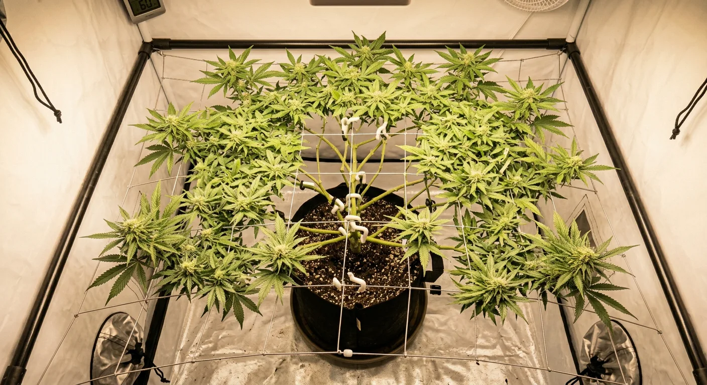 Single cannabis plant trained flat with LST inside a 2×2 grow tent — maximum canopy use for one plant.