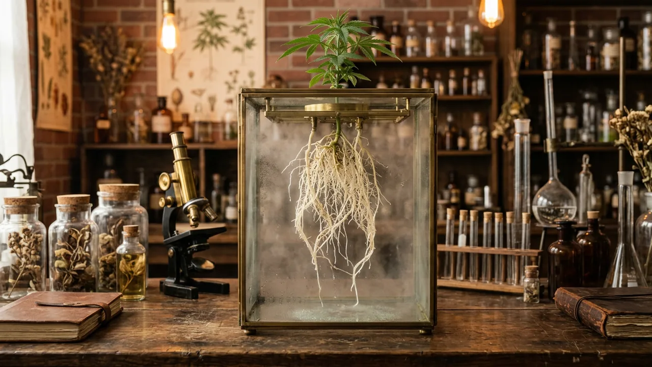 Vintage laboratory chamber with suspended plant roots in mist under warm amber light, early 20th century scientific setup.