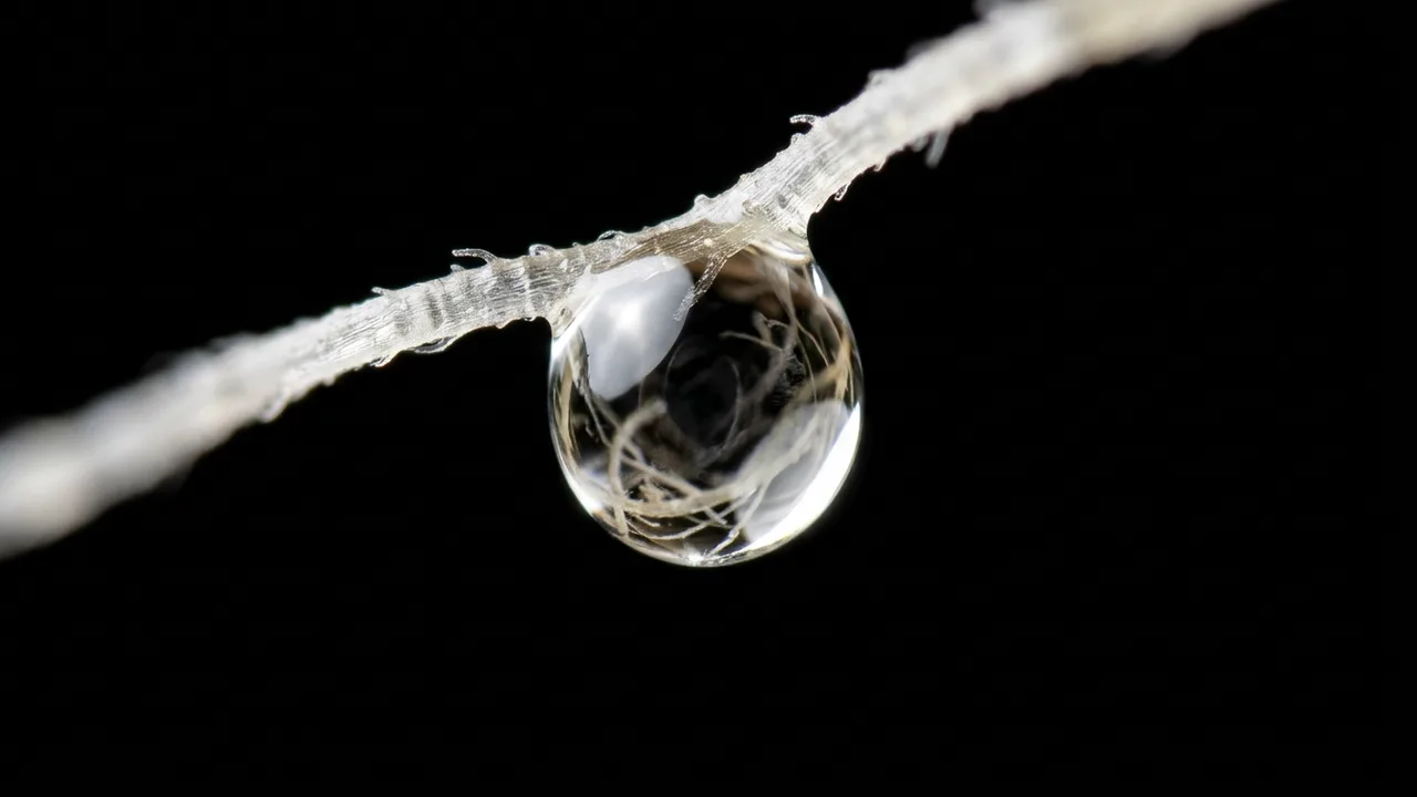 Magnified water droplet clinging to cannabis root hair, refracting light against black background in scientific macro photography.