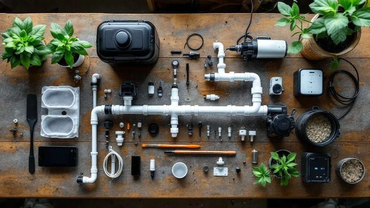 DIY aeroponic system components arranged on workshop bench: black tote, net cups, PVC manifold, spray nozzles, pump, and timer.