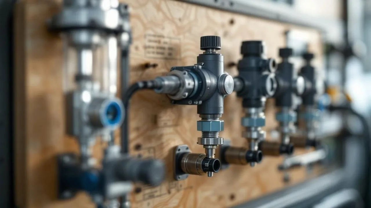 Stainless steel pressure accumulator tank with diaphragm pump and misting nozzles mounted on plywood control board with side lighting.