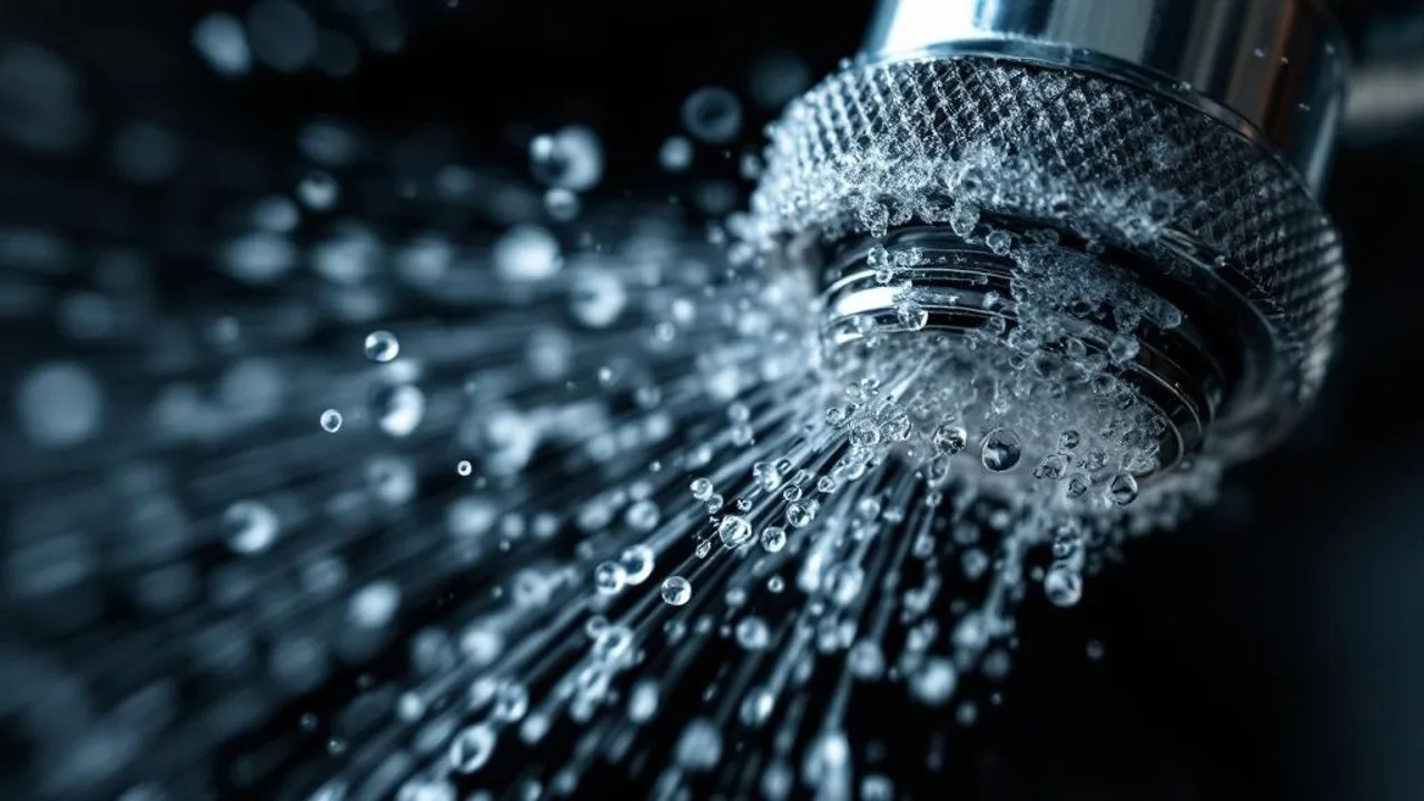 Close-up of a stainless steel misting nozzle clogged with white calcium deposits under dramatic side lighting.