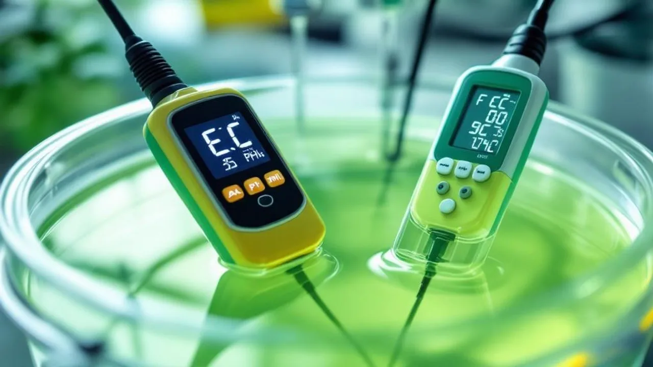 EC and pH meter probes submerged in pale green nutrient solution with digital readouts visible in laboratory setting.