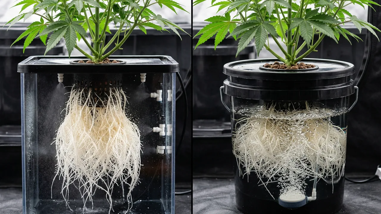 Side-by-side comparison of identical cannabis plants growing in aeroponic mist chamber with dense white roots versus submerged roots in DWC 