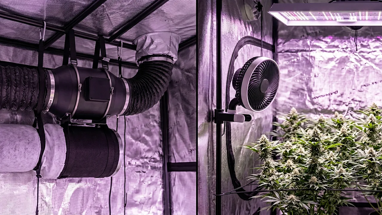 Grow tent split view showing exhaust fan with ducting on left and oscillating clip fan on right under purple LED lighting, demonstrating air
