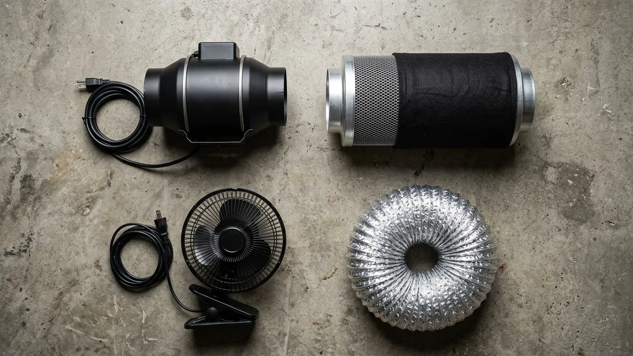 Four cannabis grow tent ventilation components arranged on concrete: inline exhaust fan, carbon filter, oscillating fan, and aluminum ductin