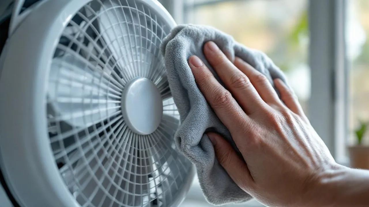 Clip-on circulation fan blade being wiped with cloth, showing dust removal and contrast between clean and dusty surfaces.
