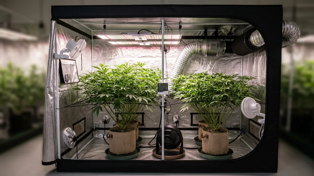 Professional 4x4 grow tent with inline exhaust fan, carbon filter, intake flaps, dual clip fans, oscillator, and LED lighting demonstrating 