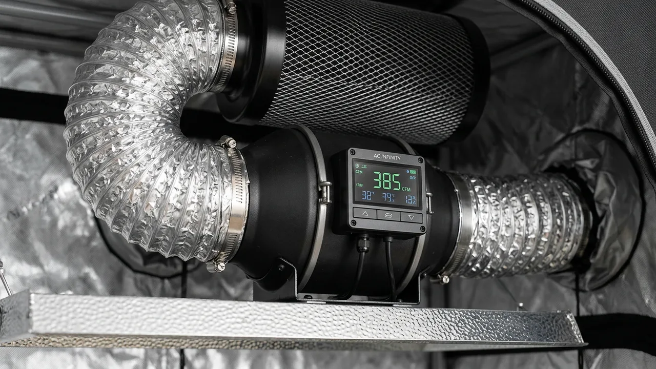 6-inch inline exhaust fan with digital speed controller displaying CFM readout mounted above a grow tent with carbon filter and aluminum duc