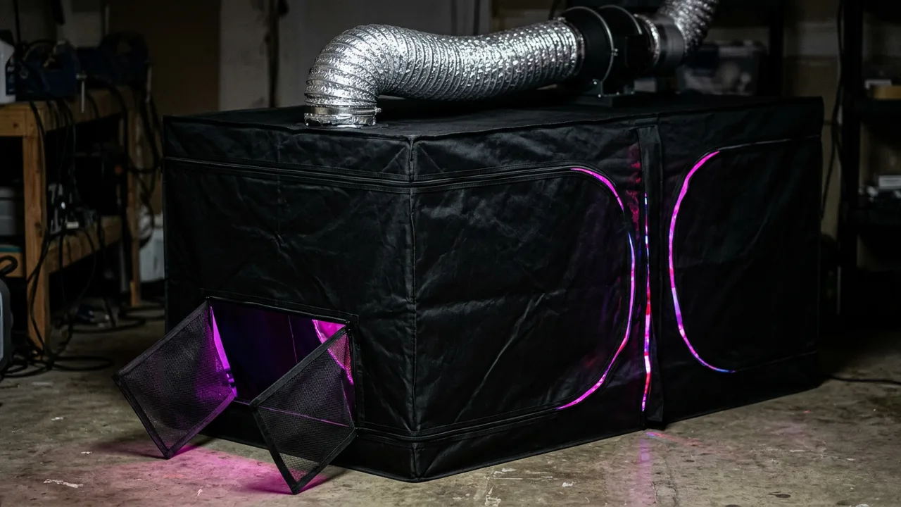 Grow tent with inward-bowing walls showing negative pressure, open intake flaps at bottom, exhaust ducting at top, magenta light visible thr