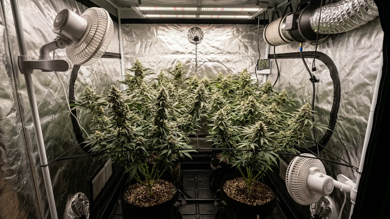 Two clip-on fans positioned at different heights circulate air over flowering cannabis plants under LED lights in a grow tent.