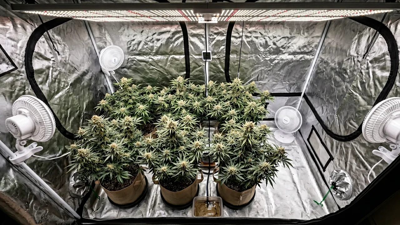Overhead view of a 4x4 grow tent with three fans positioned for air circulation among flowering cannabis plants under LED lighting.