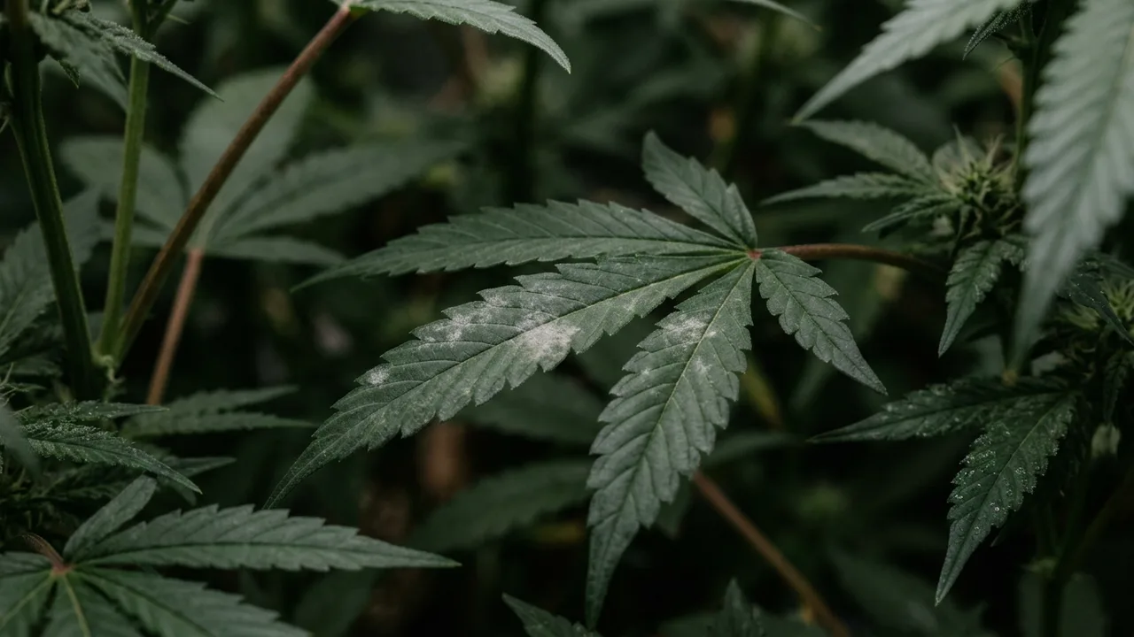 Cannabis leaves with early powdery mildew showing white dust patches in low-light humid grow tent conditions.