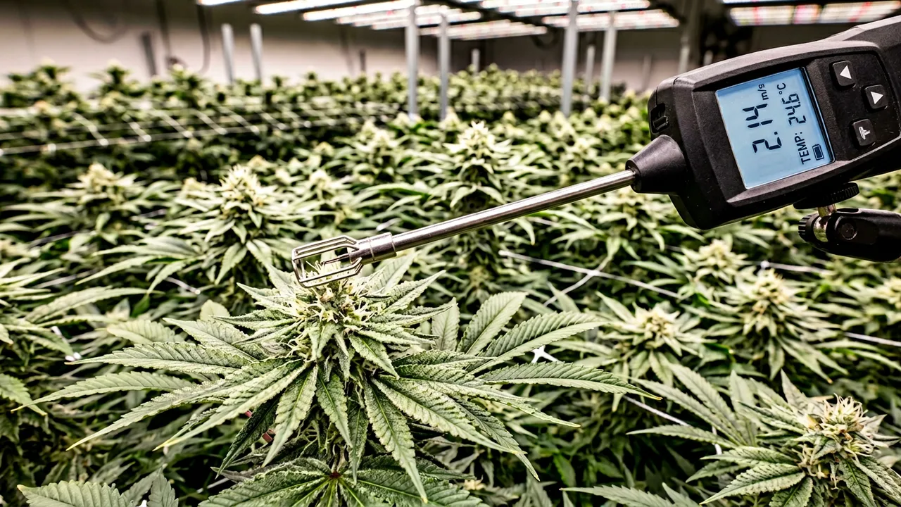 Handheld hot wire anemometer measuring airflow directly above cannabis plants, displaying wind speed data on digital screen.