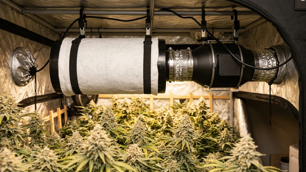 Close-up of a cylindrical carbon filter with pre-filter sock attached to an inline fan mounted in a grow tent, with flowering cannabis plant