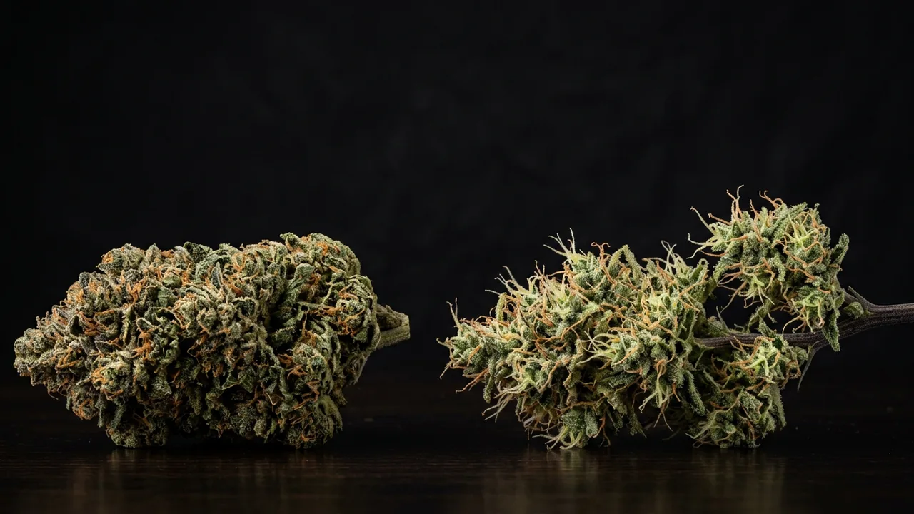 Dense indica bud versus airy sativa cola side-by-side under studio lighting, showing structural differences in cannabis flower density.
