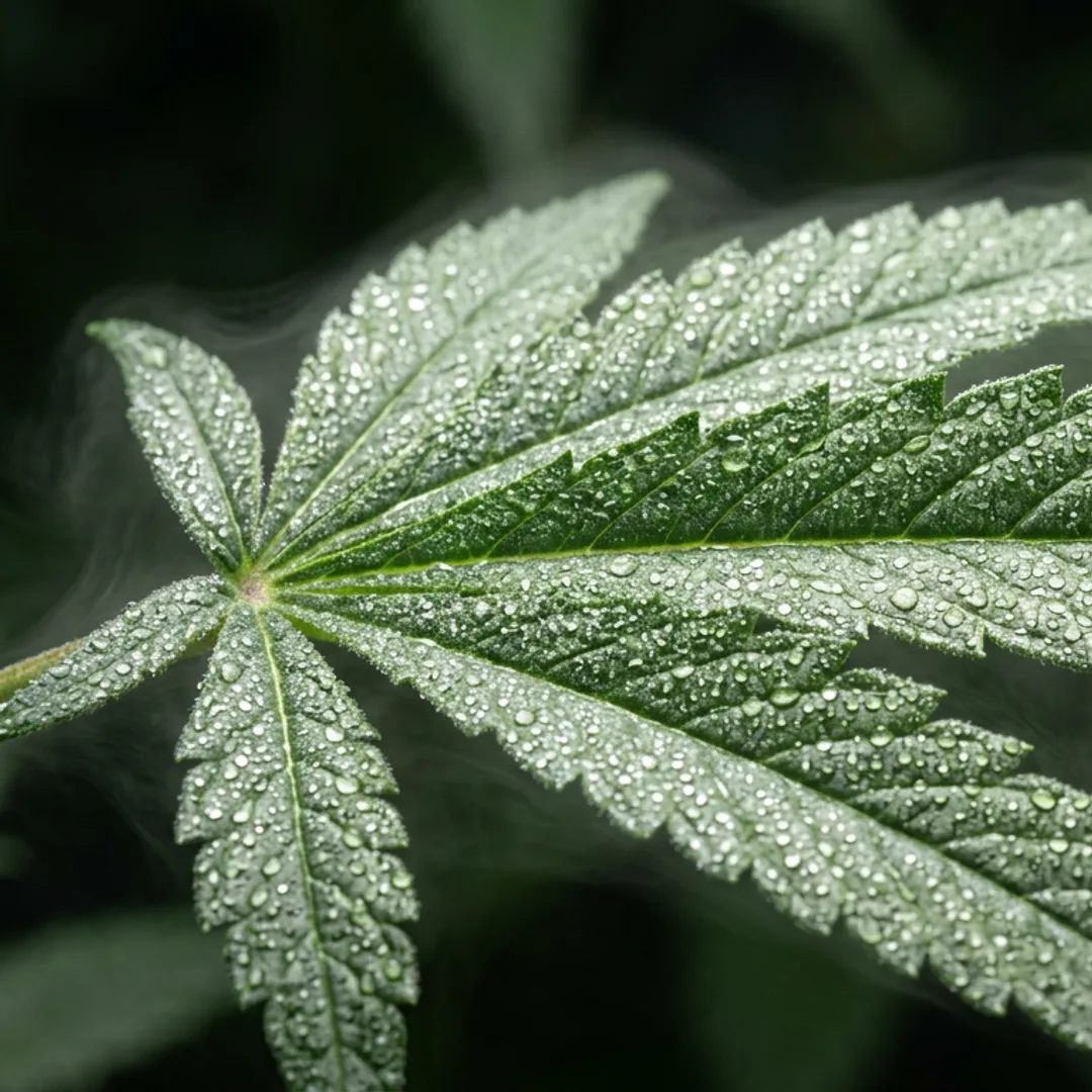 Cannabis fan leaf with water droplets and moisture haze under side lighting, illustrating humidity in grow environments.