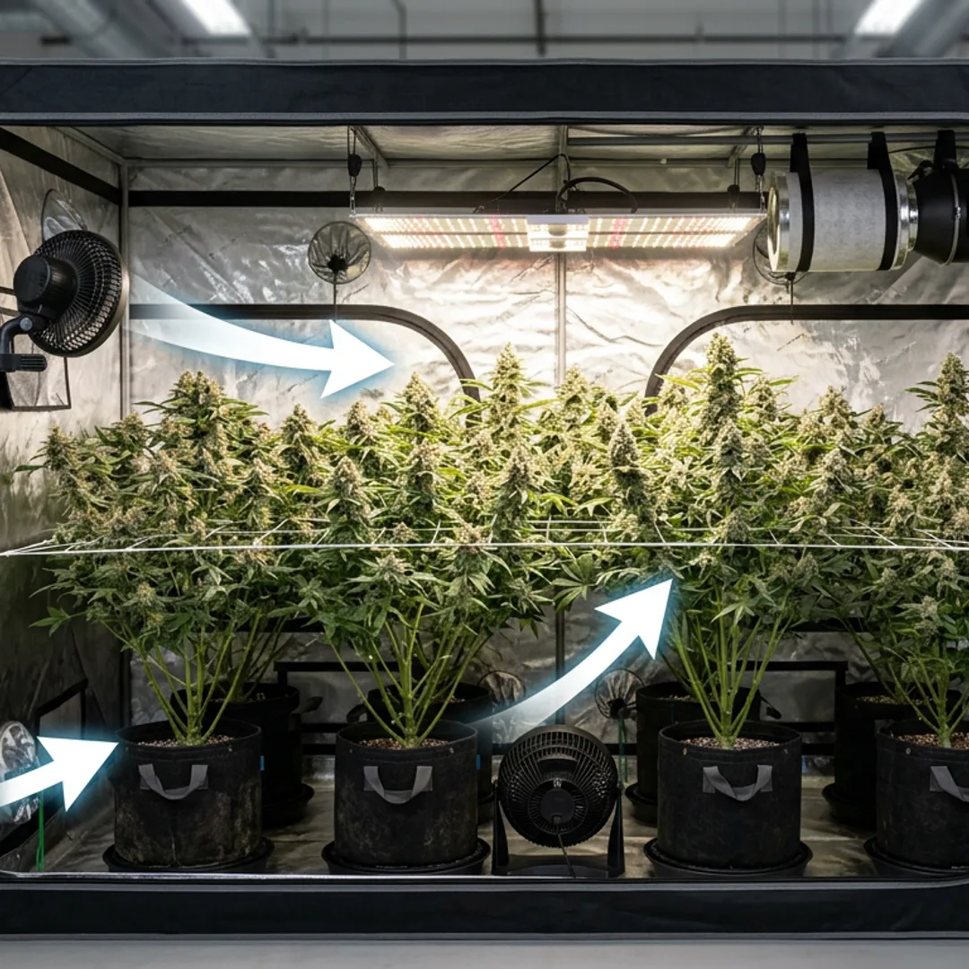 Cutaway diagram of cannabis grow tent with colored airflow arrows showing clip fan, floor fan, exhaust vent, and intake placement.