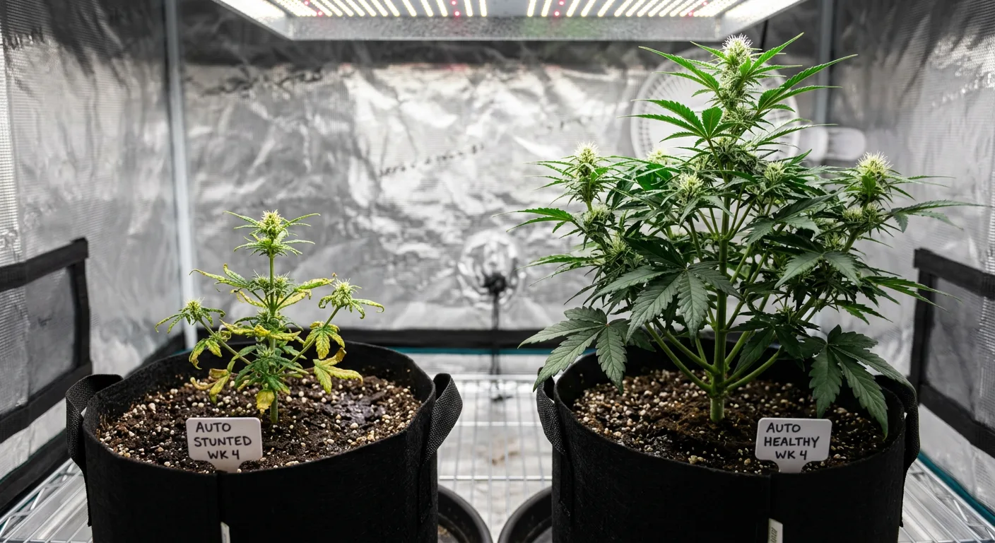 Week 4 comparison: healthy autoflower (left) vs stunted autoflower showing classic overwatering and root stress symptoms (right).