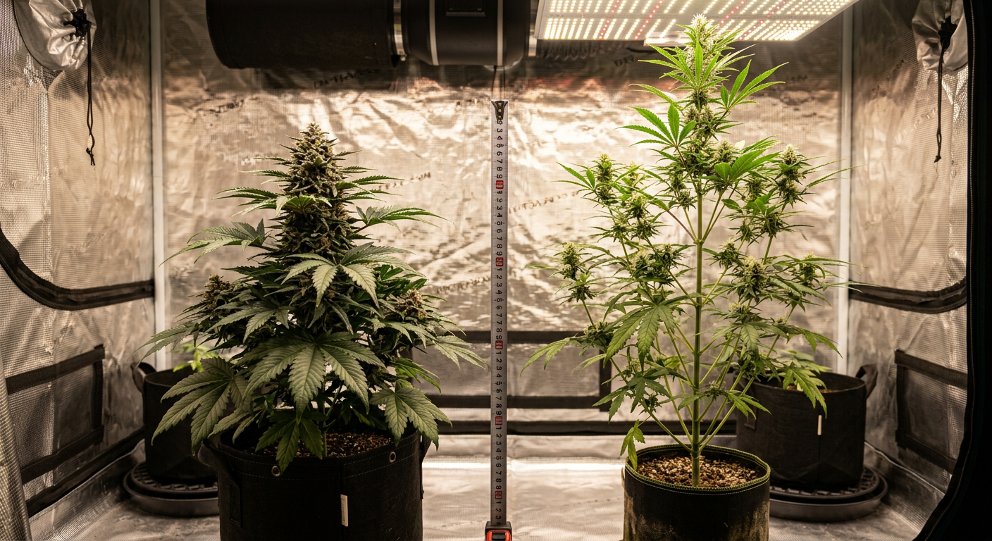 Short indica vs tall sativa — height matters in a grow tent.