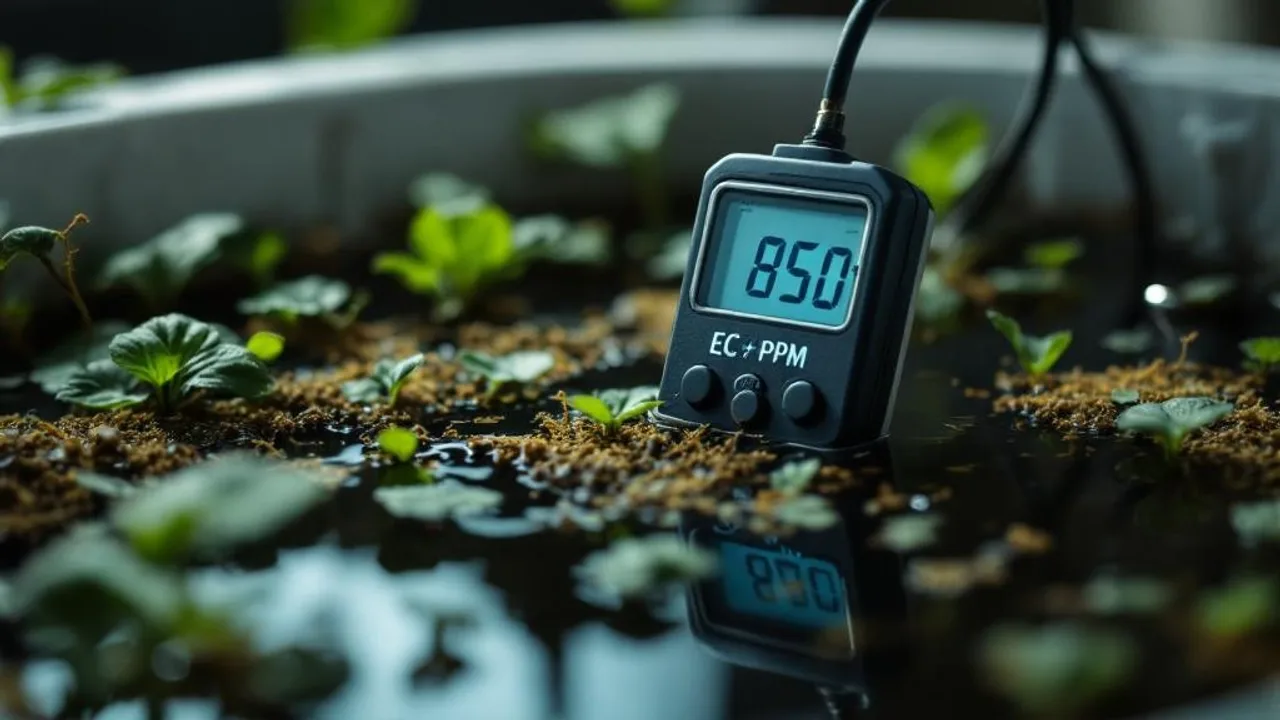 Digital PPM meter displaying 850 reading in dark hydroponic reservoir with visible root mass and cinematic lighting.
