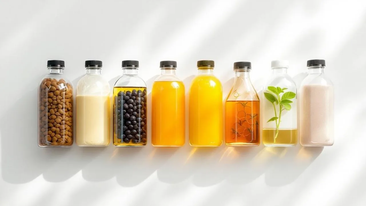 Eight colorful hydroponic nutrient bottles arranged in a row on white surface under studio lighting.