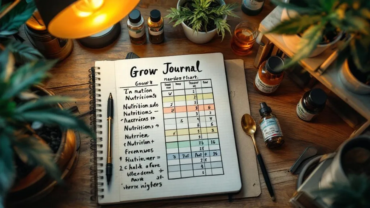 Grow journal with handwritten nutrient comparison chart, measuring spoons, and nutrient bottles under warm desk lamp.