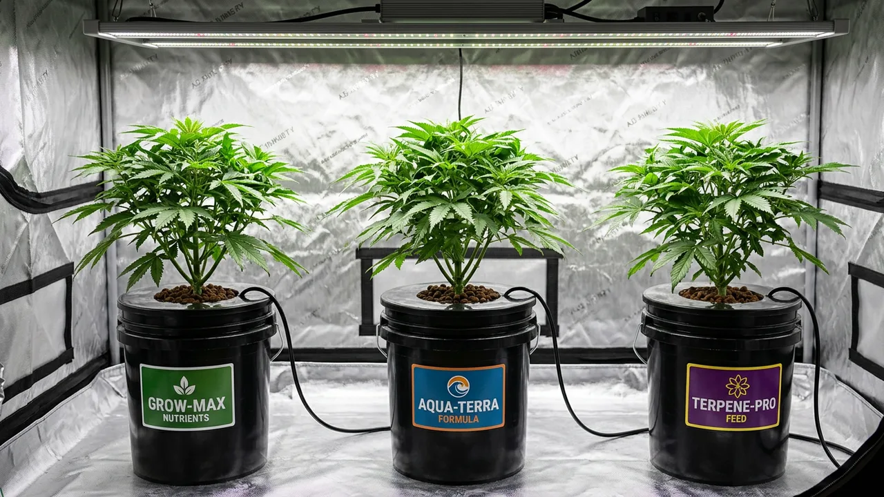 Three cannabis plants in DWC buckets labeled with different nutrient brands under LED lights in a grow tent.