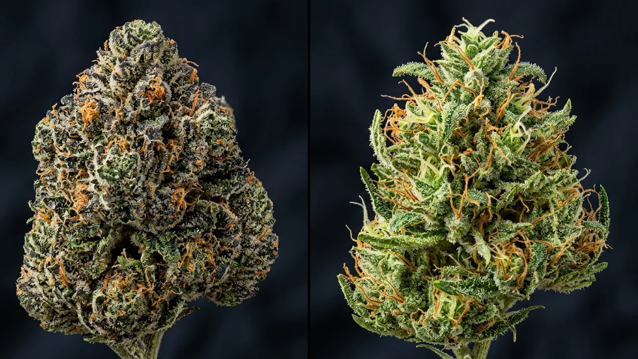 Dense indica bud beside airy sativa flower under studio lighting showing structural differences between cannabis genetics.