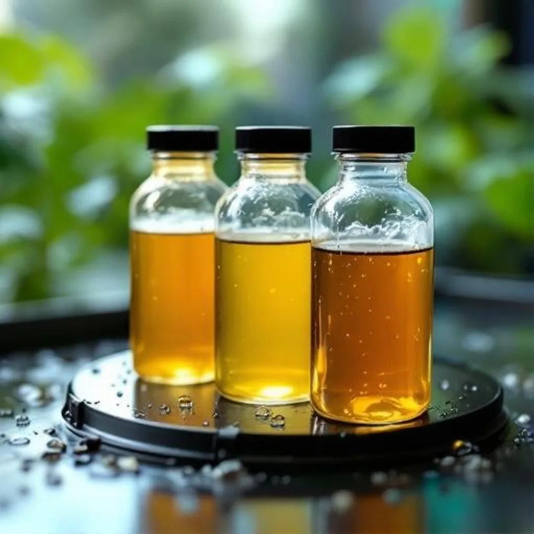 Three identical hydroponic nutrient bottles sit on a wet reservoir lid with condensation beads under bright clinical lighting.