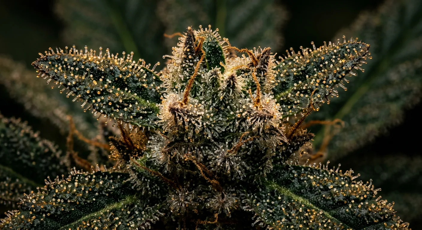 Trichomes — where terpenes and cannabinoids are produced. Their density and composition define a strain's therapeutic fingerprint.