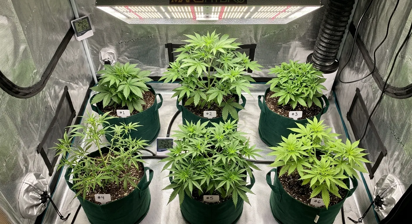 Six plants from one 10-pack showing natural phenotypic variation — the basis of a successful pheno hunt.