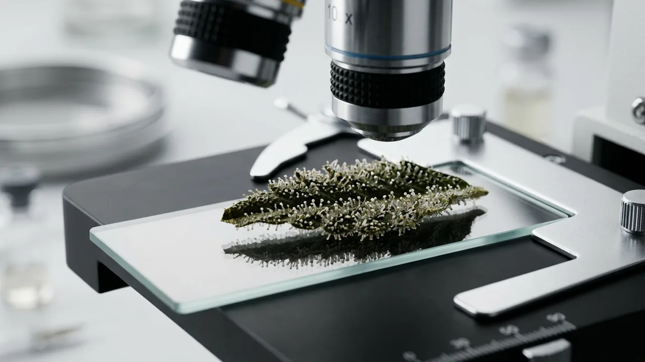 pH testing equipment and soil samples arranged with cannabis plants at different growth stages in a laboratory setting.