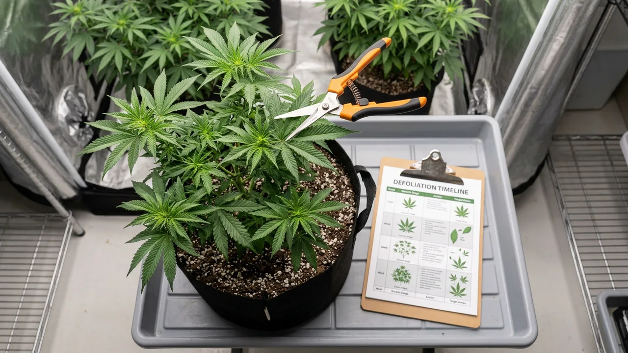 Grower's hand with scissors positioned above cannabis plant beside defoliation timeline chart under LED grow lights indoors.
