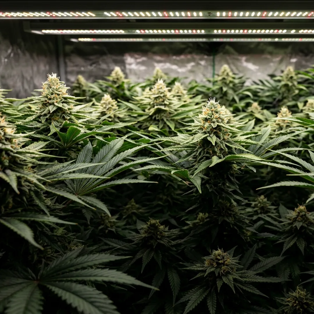 Dense cannabis plant mid-flower with thick canopy casting shadows on lower buds beneath an overhead LED grow light in studio setting.