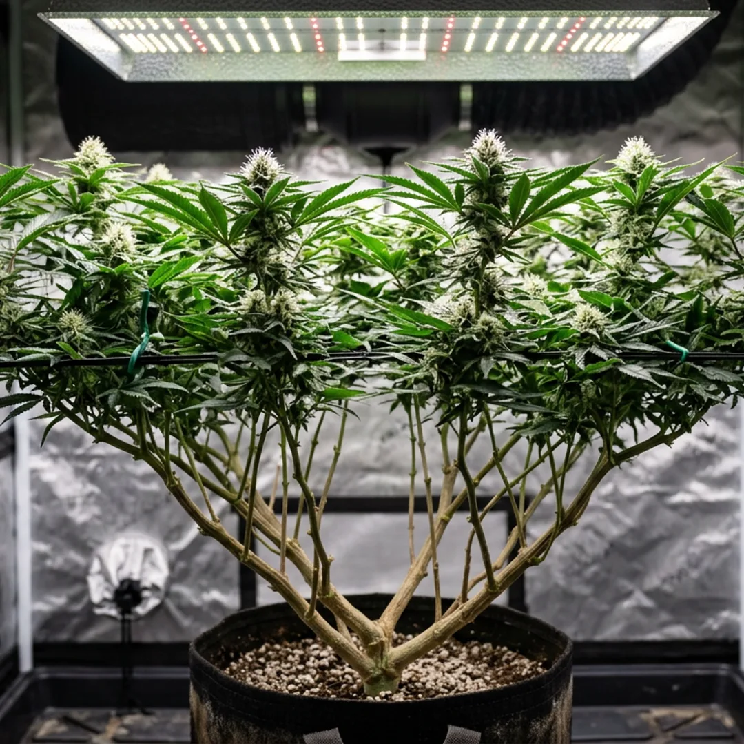 Cannabis plant at week 3 of flower showing lollipopped bare stems below and dense cola growth above under LED grow light.