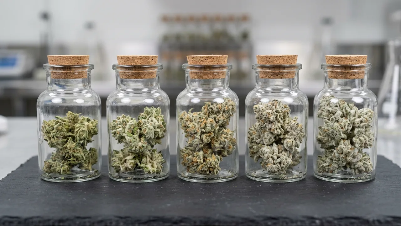 Glass jars of cannabis samples under lab lighting showing increasing trichome density from left to right, illustrating potency variations.