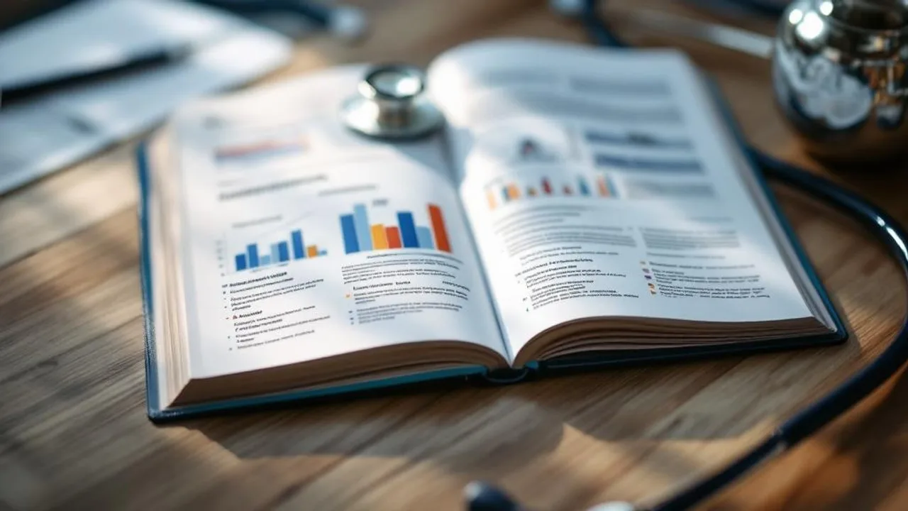 Open research journal with dopamine study charts and stethoscope on wooden desk, academic setting with shallow focus.